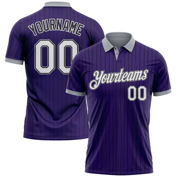 Custom Purple Black Pinstripe White-Gray Performance Polo Shirt