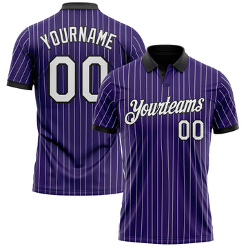 Custom Purple White Pinstripe-Black Performance Polo Shirt