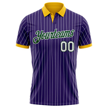 Custom Purple White Pinstripe Green-Yellow Performance Polo Shirt