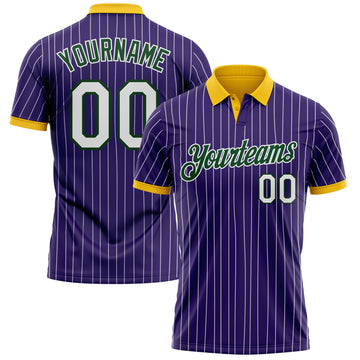 Custom Purple White Pinstripe Green-Yellow Performance Polo Shirt