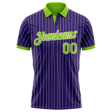 Custom Purple White Pinstripe-Neon Green Performance Polo Shirt