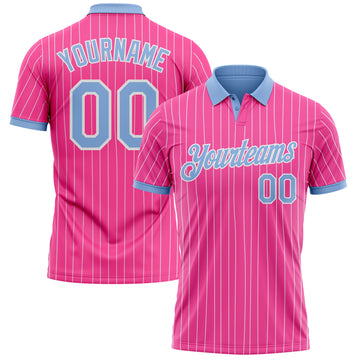 Custom Pink White Pinstripe-Light Blue Performance Polo Shirt