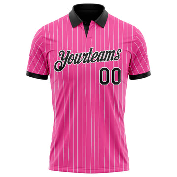 Custom Pink White Pinstripe-Black Performance Polo Shirt