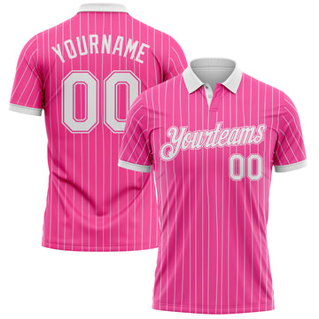 Custom Pink White Pinstripe-White Performance Polo Shirt