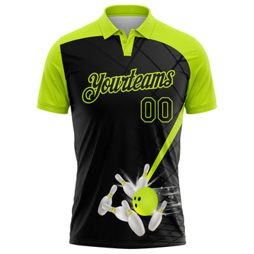 Custom Black-Neon Green Bowling Geometric Grid Performance Polo Shirt