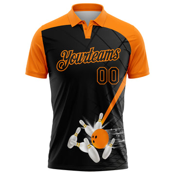 Custom Black-Bay Orange Bowling Geometric Grid Performance Polo Shirt