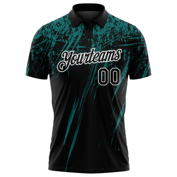 Custom Black Teal-White Distressed Scratch Brush Stroke Performance Polo Shirt