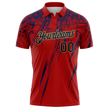 Custom Red Navy-Old Gold Distressed Scratch Brush Stroke Performance Polo Shirt