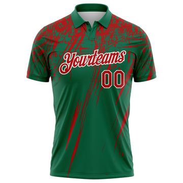 Custom Kelly Green Red-White Distressed Scratch Brush Stroke Performance Polo Shirt