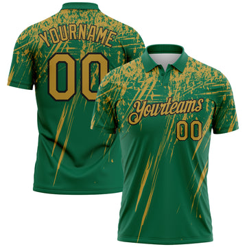 Custom Kelly Green Old Gold-Black Distressed Scratch Brush Stroke Performance Polo Shirt