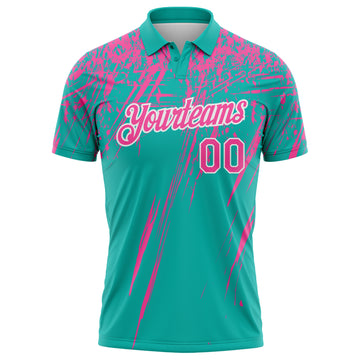 Custom Aqua Pink-White Distressed Scratch Brush Stroke Performance Polo Shirt