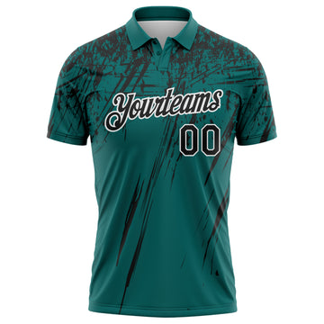 Custom Teal Black-White Distressed Scratch Brush Stroke Performance Polo Shirt