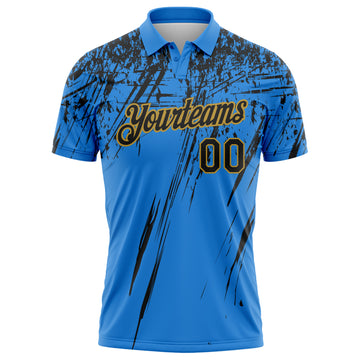 Custom Powder Blue Black-Old Gold Distressed Scratch Brush Stroke Performance Polo Shirt
