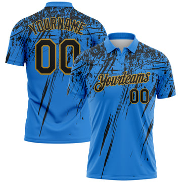 Custom Powder Blue Black-Old Gold Distressed Scratch Brush Stroke Performance Polo Shirt