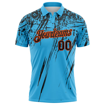 Custom Sky Blue Black-Orange Distressed Scratch Brush Stroke Performance Polo Shirt