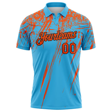 Custom Sky Blue Orange-Black Distressed Scratch Brush Stroke Performance Polo Shirt