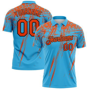 Custom Sky Blue Orange-Black Distressed Scratch Brush Stroke Performance Polo Shirt