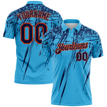 Custom Sky Blue Navy-Orange Distressed Scratch Brush Stroke Performance Polo Shirt