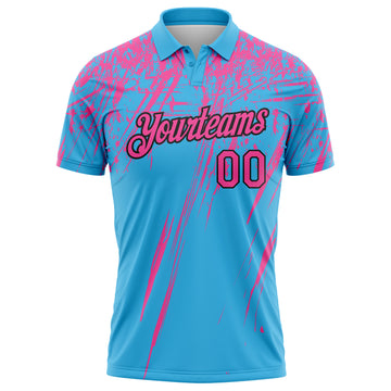 Custom Sky Blue Pink-Black Distressed Scratch Brush Stroke Performance Polo Shirt