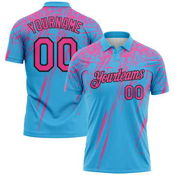 Custom Sky Blue Pink-Black Distressed Scratch Brush Stroke Performance Polo Shirt