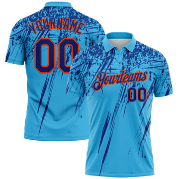 Custom Sky Blue Royal-Orange Distressed Scratch Brush Stroke Performance Polo Shirt