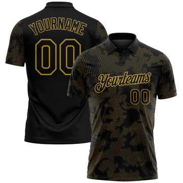 Custom Black-Old Gold 3D Pattern Abstract Fluid Line Performance Polo Shirt