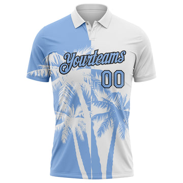 Custom White Light Blue-Black Hawaii Tropical Coastal Palm Trees Performance Polo Shirt