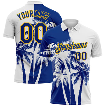 Custom White Royal-Yellow Hawaii Tropical Coastal Palm Trees Performance Polo Shirt