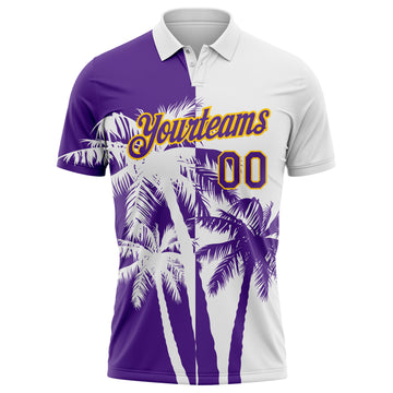 Custom White Purple-Yellow Hawaii Tropical Coastal Palm Trees Performance Polo Shirt