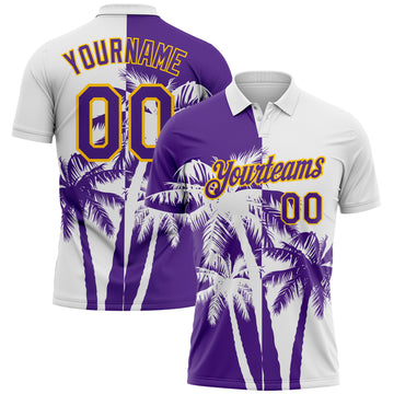Custom White Purple-Yellow Hawaii Tropical Coastal Palm Trees Performance Polo Shirt