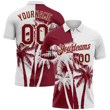Custom White Crimson-Cream Hawaii Tropical Coastal Palm Trees Performance Polo Shirt