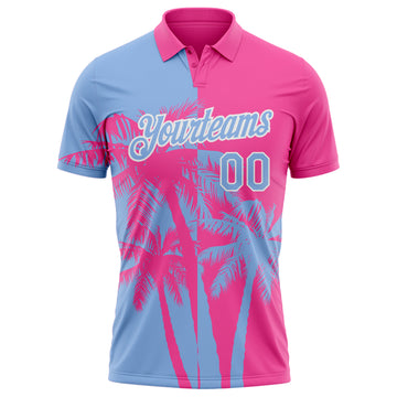 Custom Pink Light Blue-White Hawaii Tropical Coastal Palm Trees Performance Polo Shirt