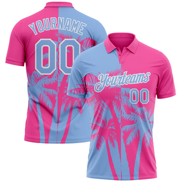 Custom Pink Light Blue-White Hawaii Tropical Coastal Palm Trees Performance Polo Shirt