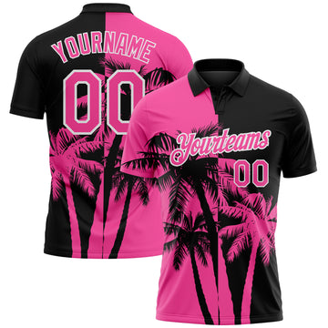 Custom Black Pink-White Hawaii Tropical Coastal Palm Trees Performance Polo Shirt