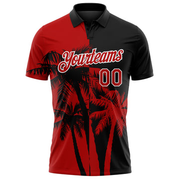 Custom Black Red-White Hawaii Tropical Coastal Palm Trees Performance Polo Shirt