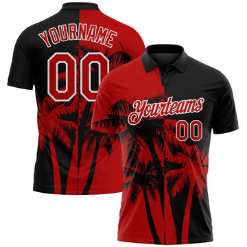 Custom Black Red-White Hawaii Tropical Coastal Palm Trees Performance Polo Shirt