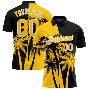 Custom Black Yellow-White Hawaii Tropical Coastal Palm Trees Performance Polo Shirt