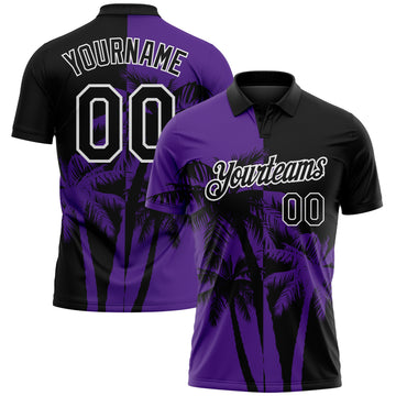 Custom Black Purple-White Hawaii Tropical Coastal Palm Trees Performance Polo Shirt