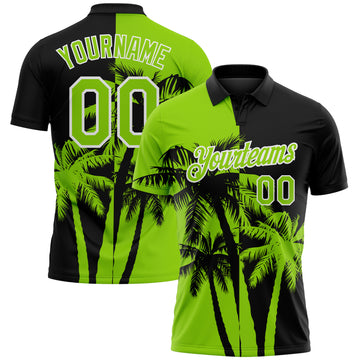 Custom Black Neon Green-White Hawaii Tropical Coastal Palm Trees Performance Polo Shirt