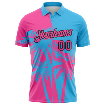 Custom Sky Blue Pink-Black Hawaii Tropical Coastal Palm Trees Performance Polo Shirt