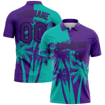 Custom Purple Aqua-Black Hawaii Tropical Coastal Palm Trees Performance Polo Shirt