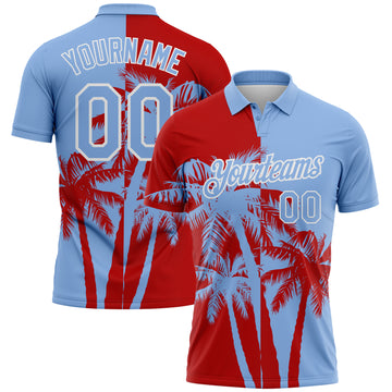 Custom Light Blue Red-White Hawaii Tropical Coastal Palm Trees Performance Polo Shirt