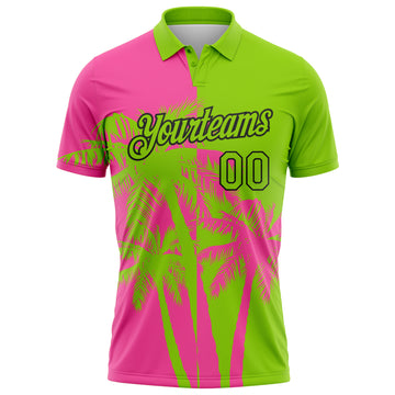 Custom Neon Green Pink-Black Hawaii Tropical Coastal Palm Trees Performance Polo Shirt