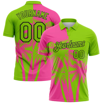 Custom Neon Green Pink-Black Hawaii Tropical Coastal Palm Trees Performance Polo Shirt
