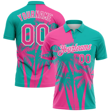 Custom Aqua Pink-White Hawaii Tropical Coastal Palm Trees Performance Polo Shirt