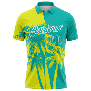 Custom Aqua Neon Yellow-White Hawaii Tropical Coastal Palm Trees Performance Polo Shirt