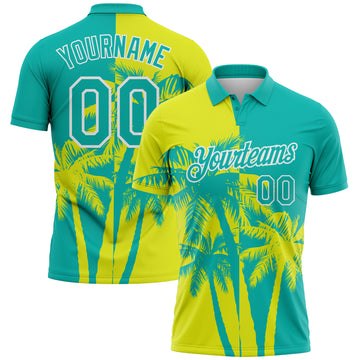 Custom Aqua Neon Yellow-White Hawaii Tropical Coastal Palm Trees Performance Polo Shirt