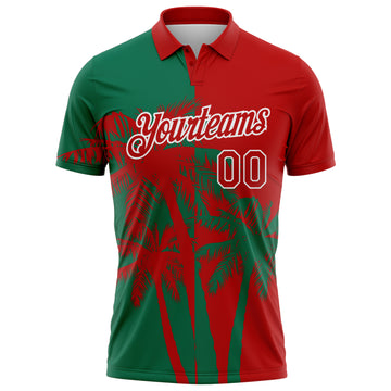 Custom Red Kelly Green-White Hawaii Tropical Coastal Palm Trees Performance Polo Shirt