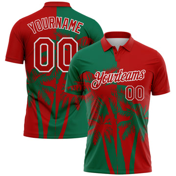 Custom Red Kelly Green-White Hawaii Tropical Coastal Palm Trees Performance Polo Shirt