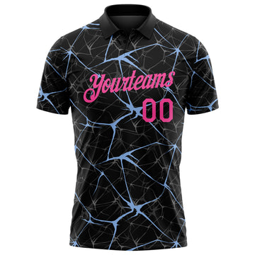 Custom Black Pink-Light Blue 3D Pattern Abstract Network Crackle Performance Polo Shirt